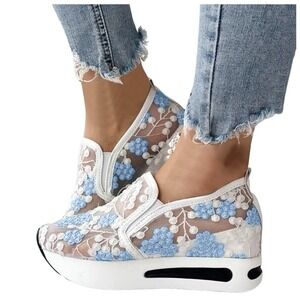 Womens SZ 9 Sneakers Floral Embroidery Mesh Wedges Platform Shoes Slip On Casual